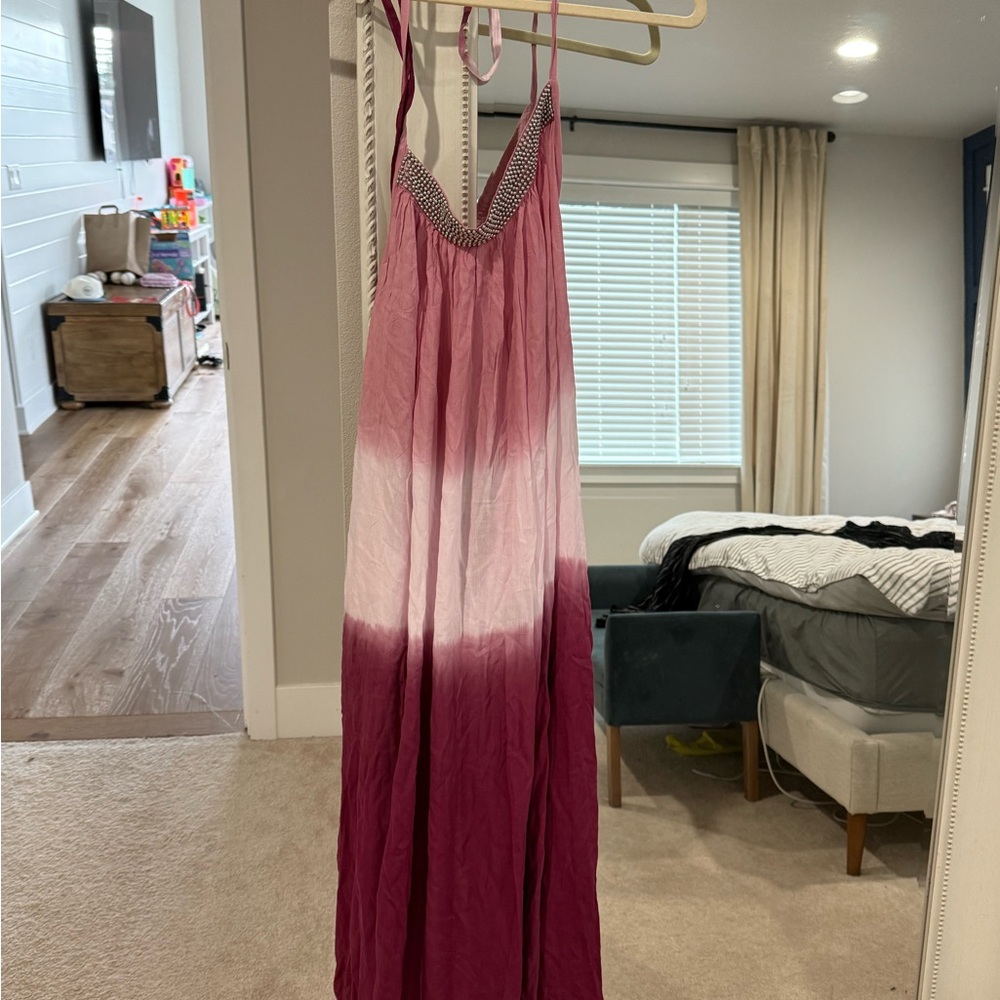Ombre Pink Halter Maxi Dress with Beaded Neckline